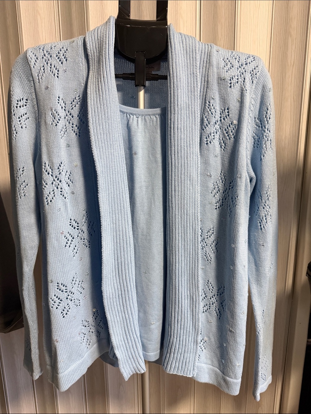 Quacker Factory Light Blue Pointelle Open Cardigan with Matching Tank